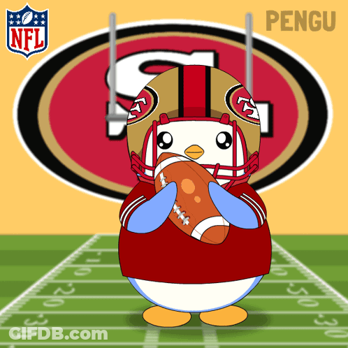 A Penguin Wearing A San Francisco 49Ers Uniform Is Holding A Football GIF