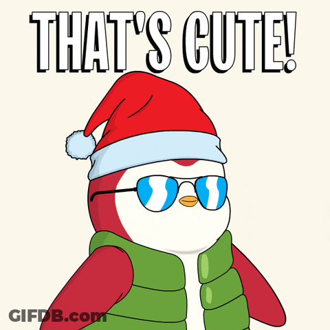 A Penguin Wearing A Santa Hat And A Green Vest With The Words That 'S Cute Below It GIF
