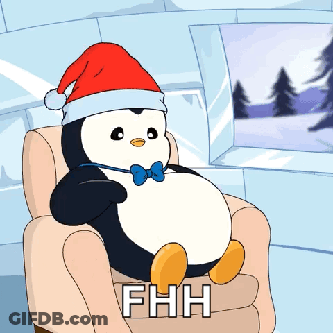 A Penguin Wearing A Santa Hat And Bow Tie Is Sitting In A Chair With The Letters Fhh Above It GIF