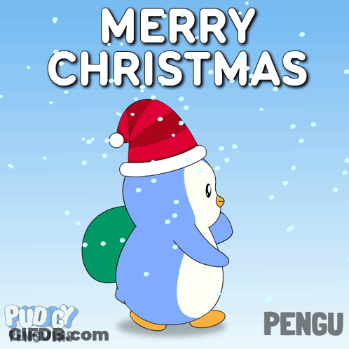 A Penguin Wearing A Santa Hat And Carrying A Bag Of Presents With The Words Merry Christmas Written Above It GIF