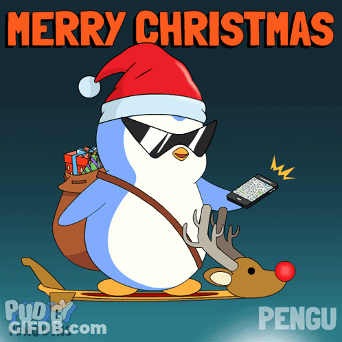 A Penguin Wearing A Santa Hat And Sunglasses Is Riding A Reindeer On A Sled GIF