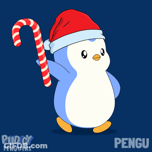 A Penguin Wearing A Santa Hat Holds A Candy Cane GIF