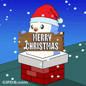 A Penguin Wearing A Santa Hat Holds A Sign That Says Merry Christmas GIF