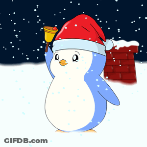 A Penguin Wearing A Santa Hat Holds Up A Bell GIF