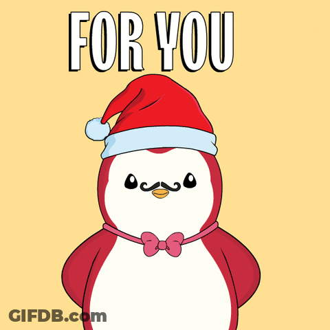 A Penguin Wearing A Santa Hat Is Holding A Gift Box With The Words For You Above It GIF