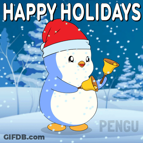 A Penguin Wearing A Santa Hat Is Holding Two Bells And Wishing Happy Holidays GIF