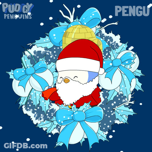 A Penguin Wearing A Santa Hat Is Surrounded By Blue Bows And Holly GIF