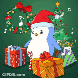 A Penguin Wearing A Santa Hat Is Surrounded By Christmas Presents And A Christmas Tree GIF