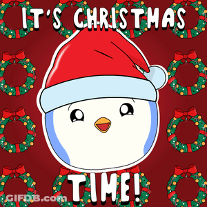A Penguin Wearing A Santa Hat With The Words It 'S Christmas Time Below It GIF