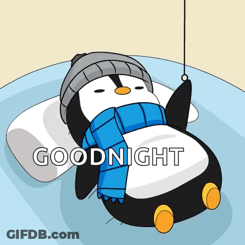 A Penguin Wearing A Scarf And A Hat Is Laying On A Bed With The Words Goodnight Written On The Bottom GIF