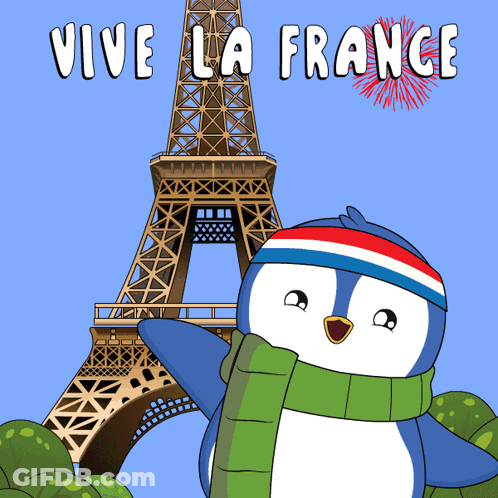 A Penguin Wearing A Scarf In Front Of The Eiffel Tower Says " Vive La France " GIF