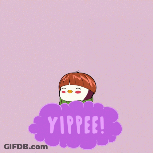 A Penguin Wearing A Scarf Is Sitting On A Purple Cloud With The Word Yippee Written On It GIF