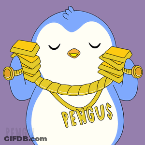 A Penguin Wearing A Shirt That Says ' Pengus ' Is Holding Gold Bars GIF
