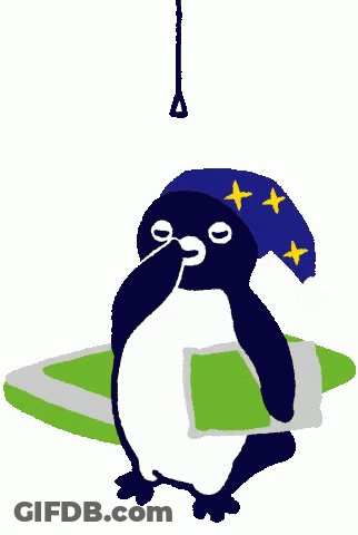 A Penguin Wearing A Sleep Cap Is Hanging From A Rope . GIF