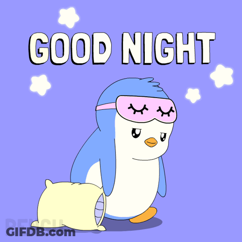 A Penguin Wearing A Sleep Mask And Holding A Pillow Says " Good Night " GIF