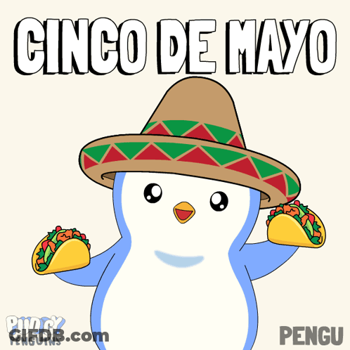 A Penguin Wearing A Sombrero And Holding Two Tacos GIF