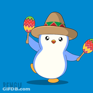 A Penguin Wearing A Sombrero Is Holding Maracas In Its Hands GIF