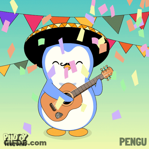 A Penguin Wearing A Sombrero Is Playing A Guitar With The Name Pengu On The Bottom GIF