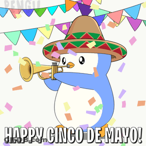 A Penguin Wearing A Sombrero Is Playing A Trumpet With The Words Happy Cinco De Mayo Written Below It GIF