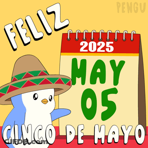 A Penguin Wearing A Sombrero Stands Next To A Calendar That Says May 05 GIF