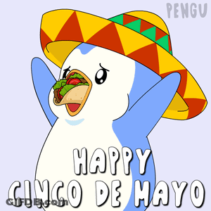 A Penguin Wearing A Sombrero With A Taco In Its Mouth And The Words Happy Cinco De Mayo GIF