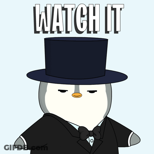 A Penguin Wearing A Top Hat And A Bow Tie Points At The Watch It Sign GIF