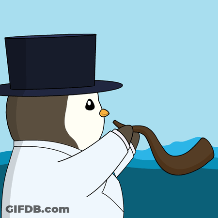 A Penguin Wearing A Top Hat And A White Coat Blowing A Horn GIF