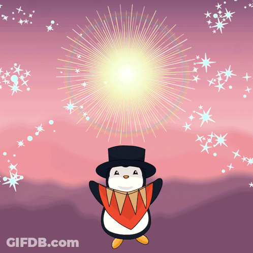 A Penguin Wearing A Top Hat And Scarf Stands In Front Of A Firework Display GIF