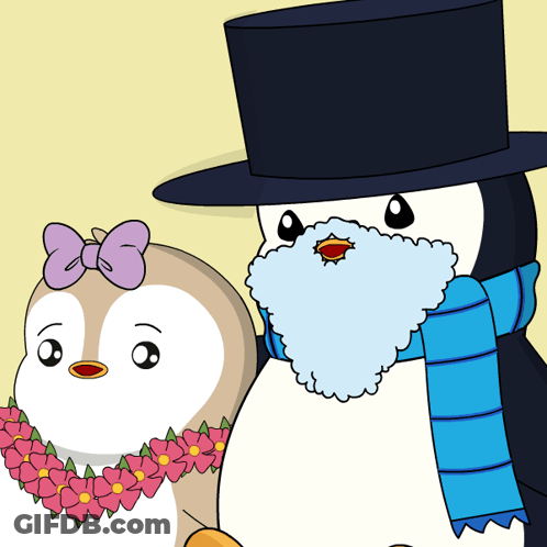 A Penguin Wearing A Top Hat And Scarf Stands Next To A Penguin Wearing A Flower Lei GIF