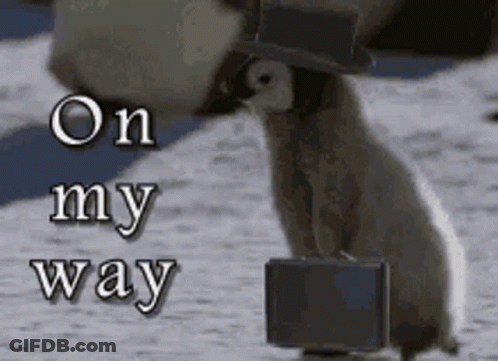 A Penguin Wearing A Top Hat And Tie Is Carrying A Suitcase GIF
