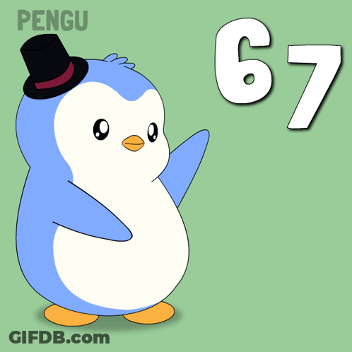 A Penguin Wearing A Top Hat With The Number 67 Behind It GIF
