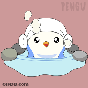 A Penguin Wearing A Towel On Its Head Is In A Puddle Of Water GIF
