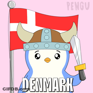 A Penguin Wearing A Viking Hat Is Holding A Sword And A Flag With Denmark Written Below It GIF
