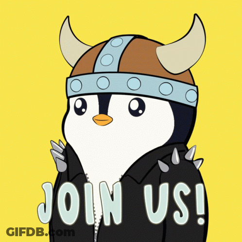 A Penguin Wearing A Viking Helmet And A Jacket That Says " Join Us " GIF