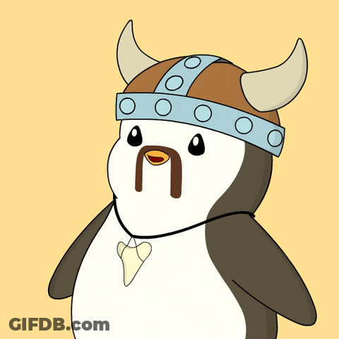 A Penguin Wearing A Viking Helmet And A Necklace GIF