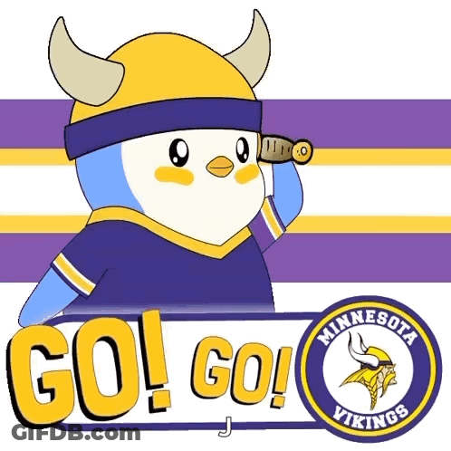 A Penguin Wearing A Viking Helmet Is Looking Through A Telescope With The Minnesota Vikings Logo Behind Him GIF