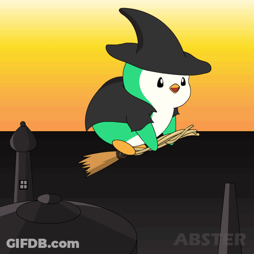 A Penguin Wearing A Witch Hat Is Flying On A Broomstick GIF
