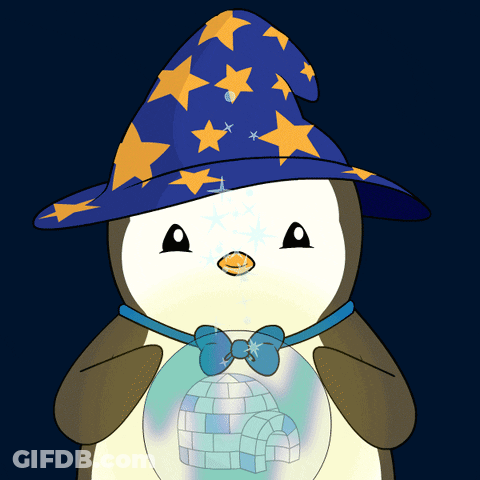 A Penguin Wearing A Wizard Hat Is Holding A Globe With An Igloo Inside GIF