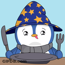A Penguin Wearing A Wizard Hat Is Holding A Knife And Fork Over An Empty Plate GIF