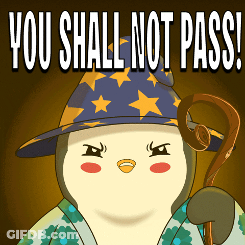 A Penguin Wearing A Wizard 'S Hat And Holding A Cane Says " You Shall Not Pass " GIF