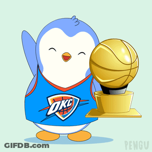 A Penguin Wearing An Okc Jersey Is Holding A Trophy GIF