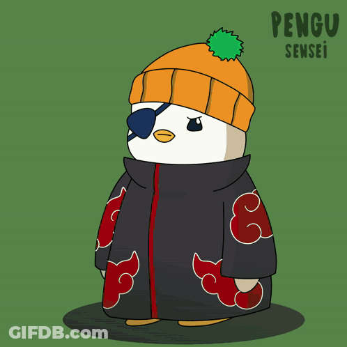 A Penguin Wearing An Orange Hat And A Black Coat With Red Clouds Is Surrounded By Green Smoke GIF