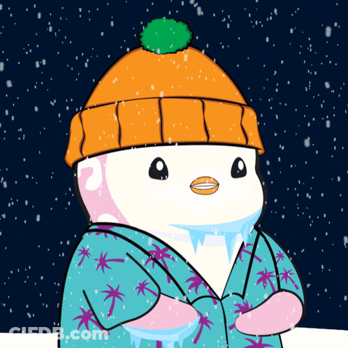 A Penguin Wearing An Orange Hat And A Blue Shirt With Palm Trees GIF