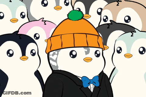 A Penguin Wearing An Orange Hat And A Bow Tie GIF