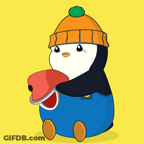 A Penguin Wearing An Orange Hat And Blue Overalls Is Holding A Wallet Full Of Money GIF