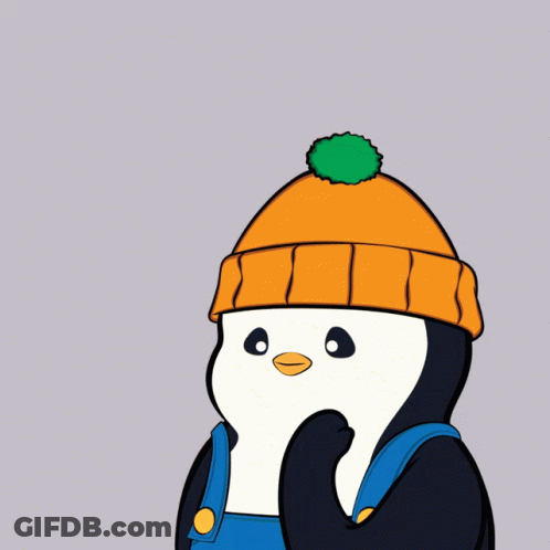 A Penguin Wearing An Orange Hat And Blue Overalls With The Word Periodt Written Above It GIF