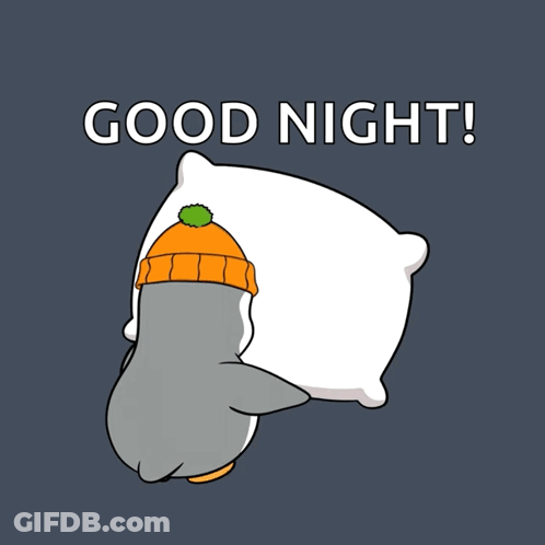 A Penguin Wearing An Orange Hat Is Sleeping On A White Pillow With The Words Good Night Written Above It GIF