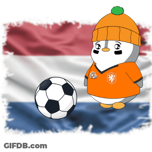 A Penguin Wearing An Orange Shirt With A Lion On It Is Standing Next To A Soccer Ball GIF