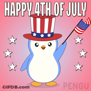 A Penguin Wearing An Uncle Sam Hat Is Holding An American Flag GIF