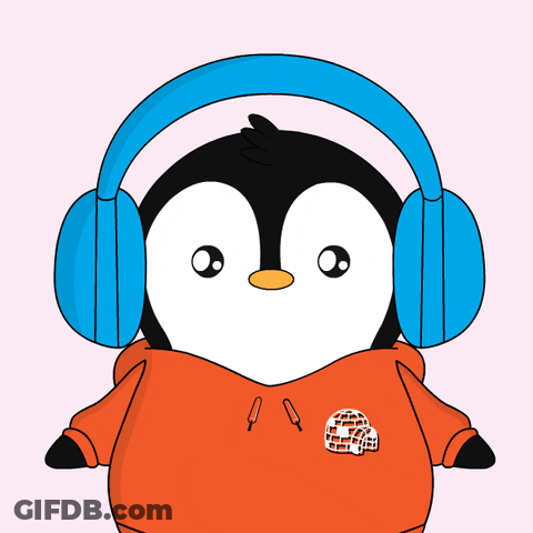 A Penguin Wearing Blue Headphones And An Orange Sweatshirt GIF